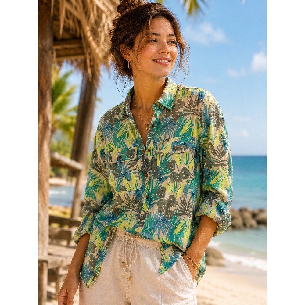 Lands End Womens Small Linen Tropical Palm Print Button Down Shirt Teal Lime